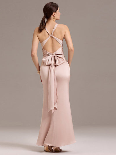 Elegant Strappy Bow Back Satin Mermaid Bridesmaid Dress #color_Pink