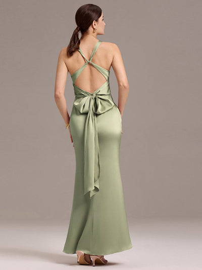 Elegant Strappy Bow Back Satin Mermaid Bridesmaid Dress #color_Sage Green