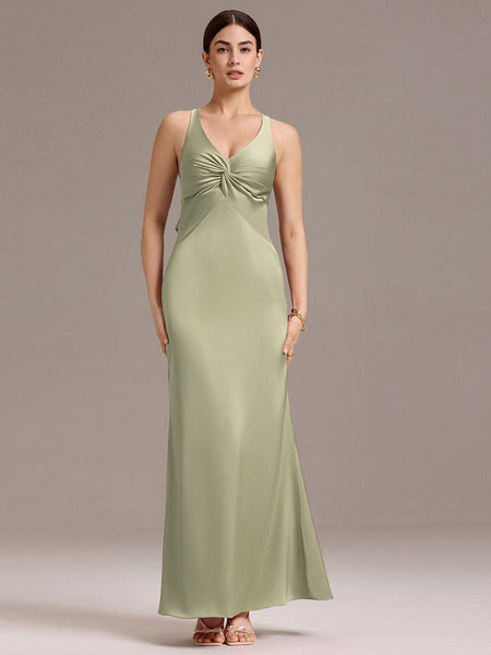 Satin Mermaid Bridesmaid Dress with V-Neck and Strappy Bow Back