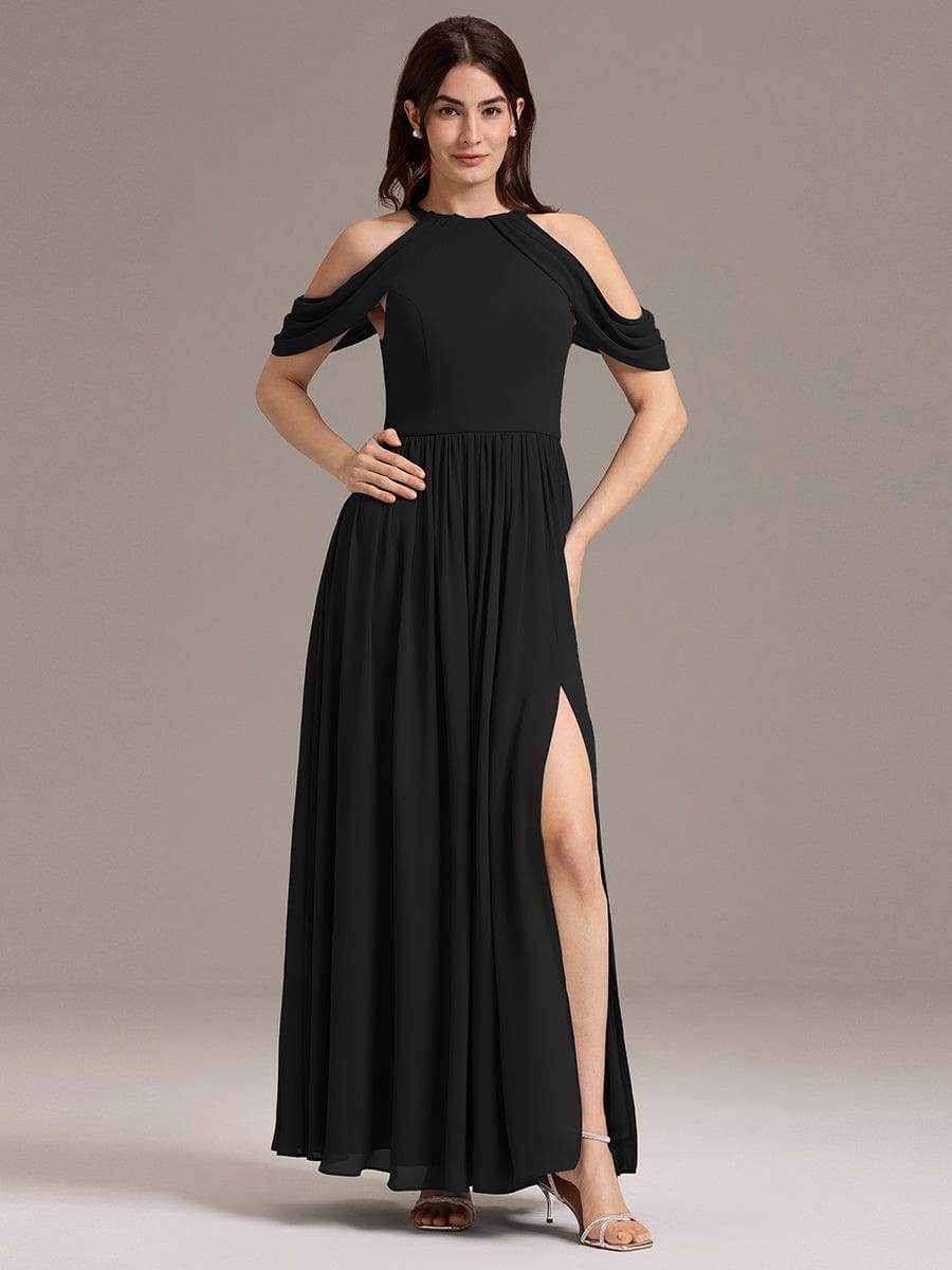 Elegant Chiffon Cold Shoulder A-Line Bridesmaid Dress with Draped Sleeves #color_Black