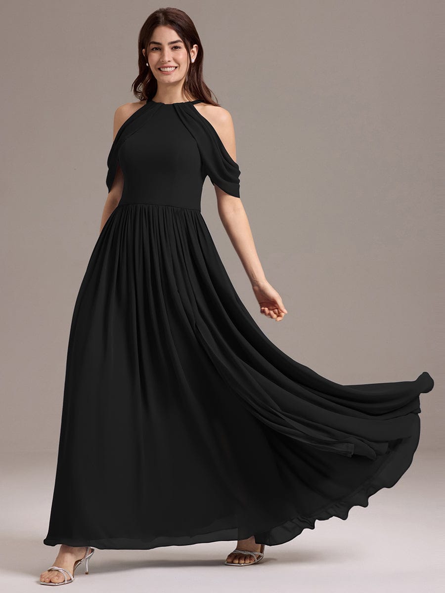 Elegant Chiffon Cold Shoulder A-Line Bridesmaid Dress with Draped Sleeves #color_Black