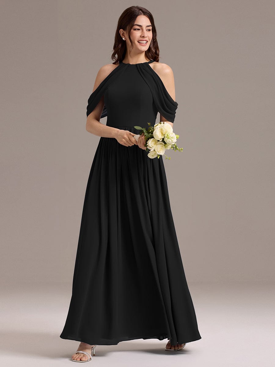 Elegant Chiffon Cold Shoulder A-Line Bridesmaid Dress with Draped Sleeves #color_Black