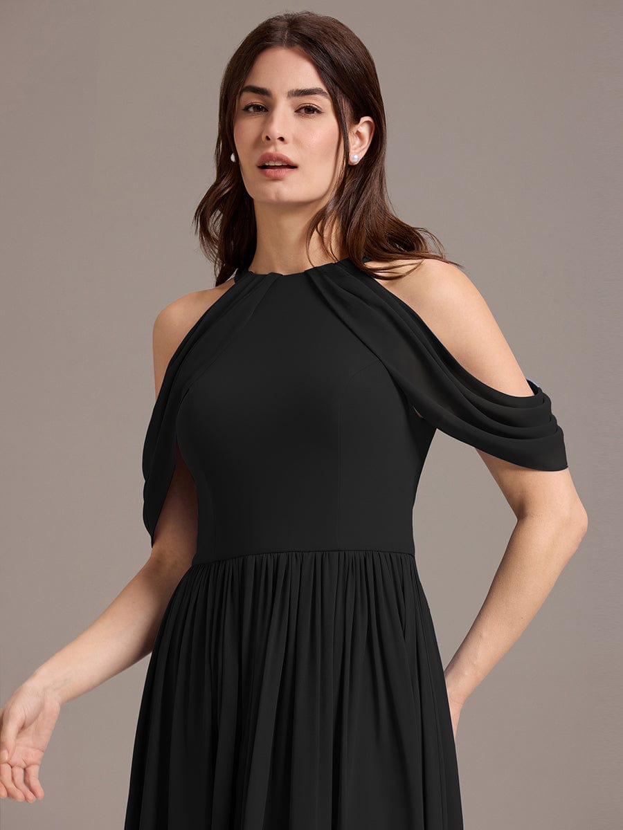 Elegant Chiffon Cold Shoulder A-Line Bridesmaid Dress with Draped Sleeves #color_Black