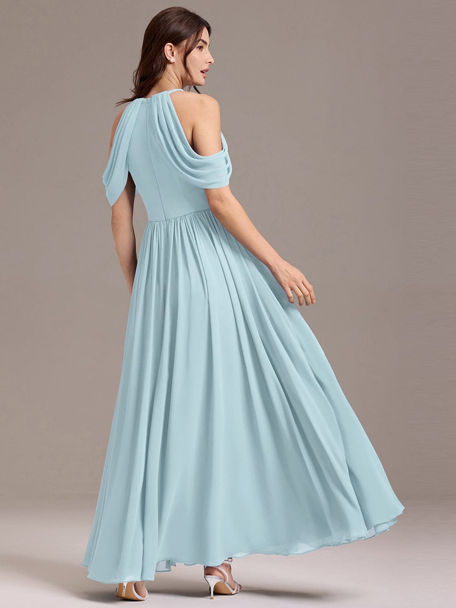 Elegant Chiffon Cold Shoulder A-Line Bridesmaid Dress with Draped Sleeves #color_Sky Blue