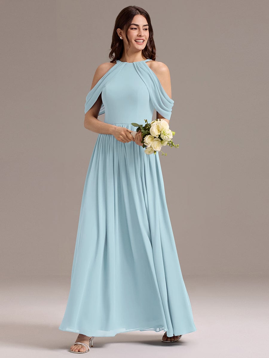 Elegant Chiffon Cold Shoulder A-Line Bridesmaid Dress with Draped Sleeves #color_Sky Blue