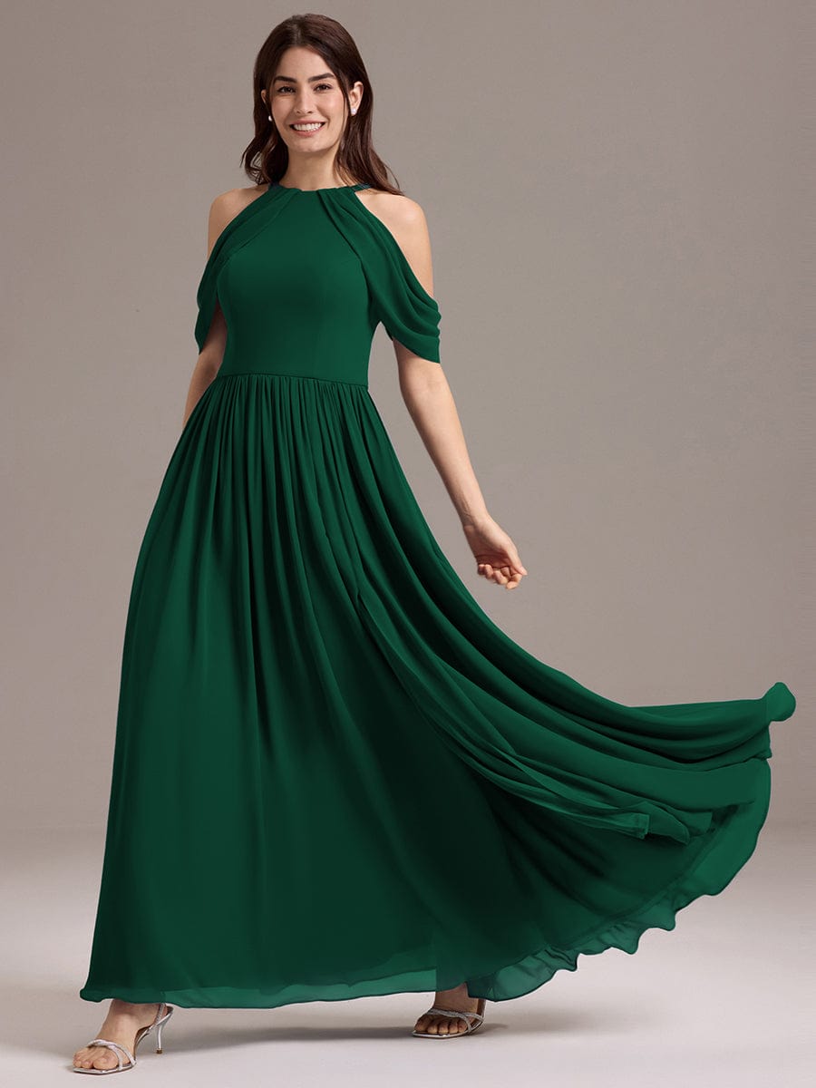 Elegant Chiffon Cold Shoulder A-Line Bridesmaid Dress with Draped Sleeves #color_Dark Green