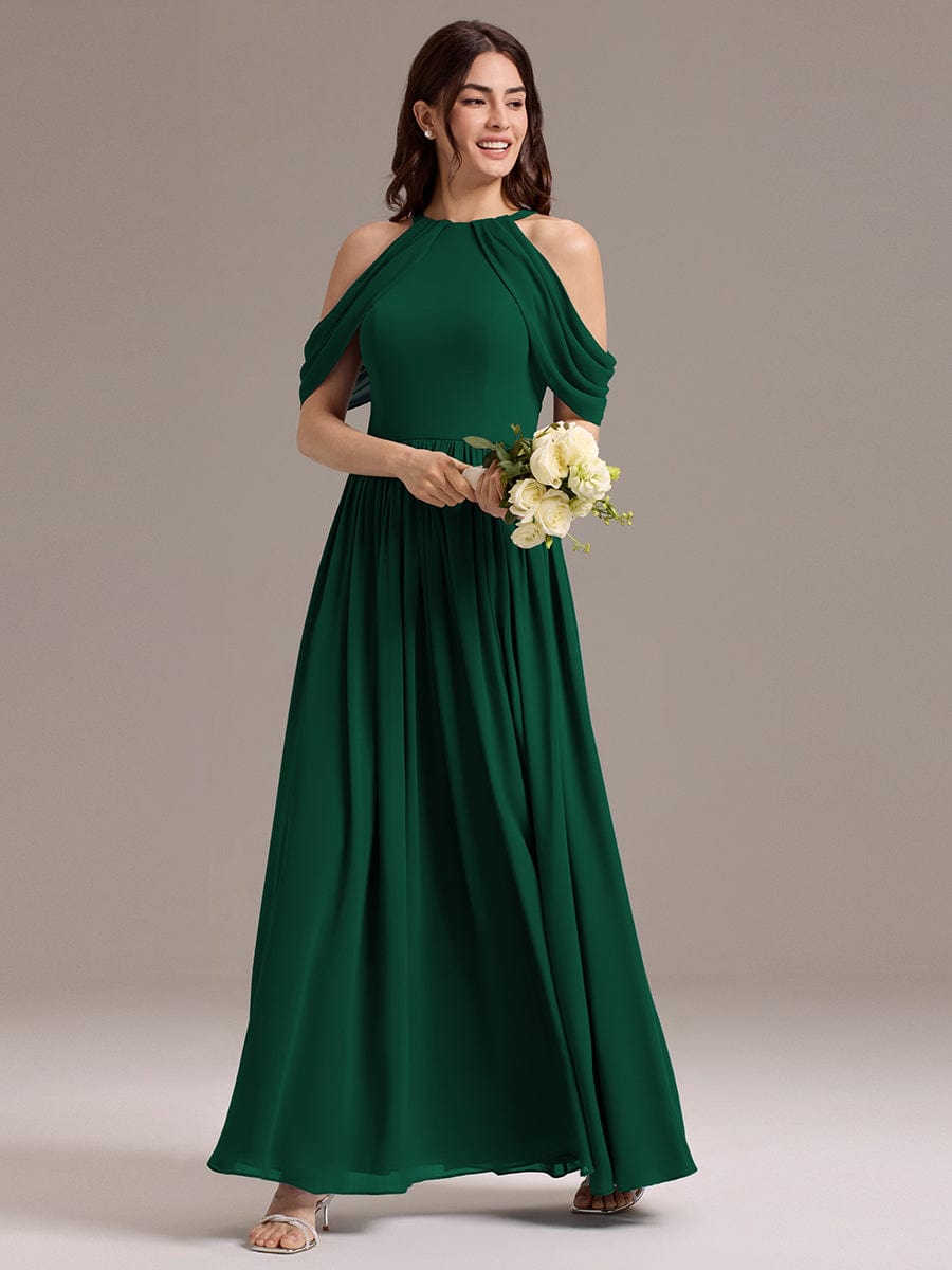 Elegant Chiffon Cold Shoulder A-Line Bridesmaid Dress with Draped Sleeves #color_Dark Green