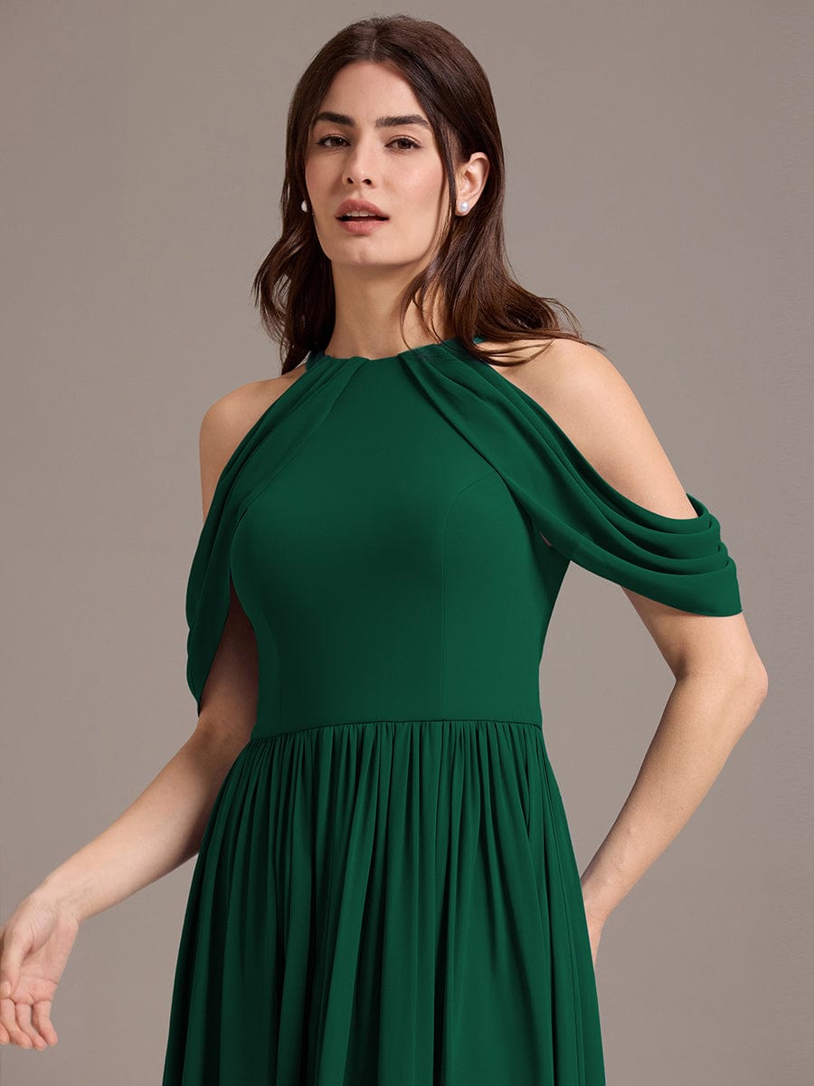 Elegant Chiffon Cold Shoulder A-Line Bridesmaid Dress with Draped Sleeves #color_Dark Green