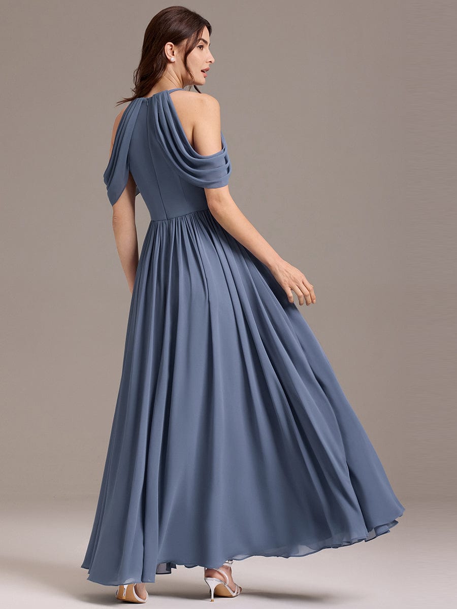 Elegant Chiffon Cold Shoulder A-Line Bridesmaid Dress with Draped Sleeves #color_Dusty Blue