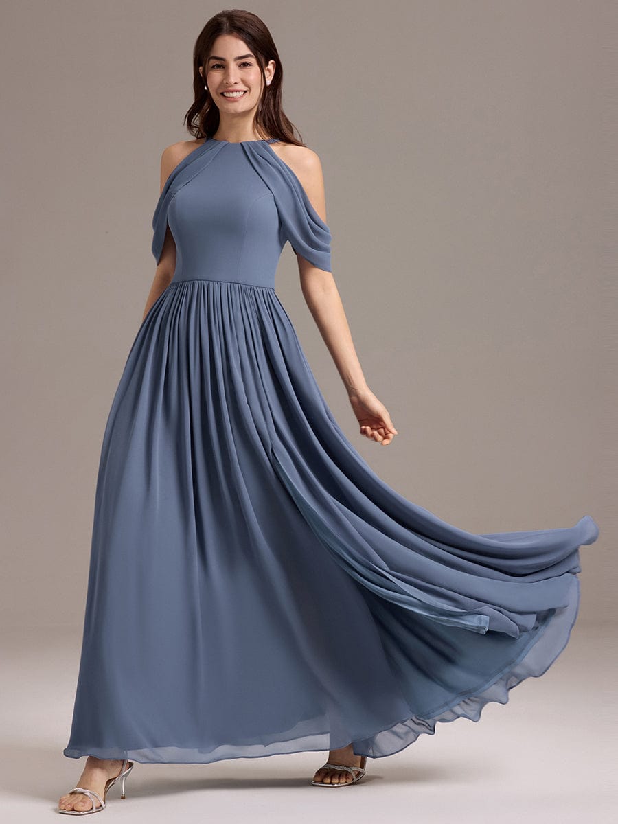 Elegant Chiffon Cold Shoulder A-Line Bridesmaid Dress with Draped Sleeves #color_Dusty Blue