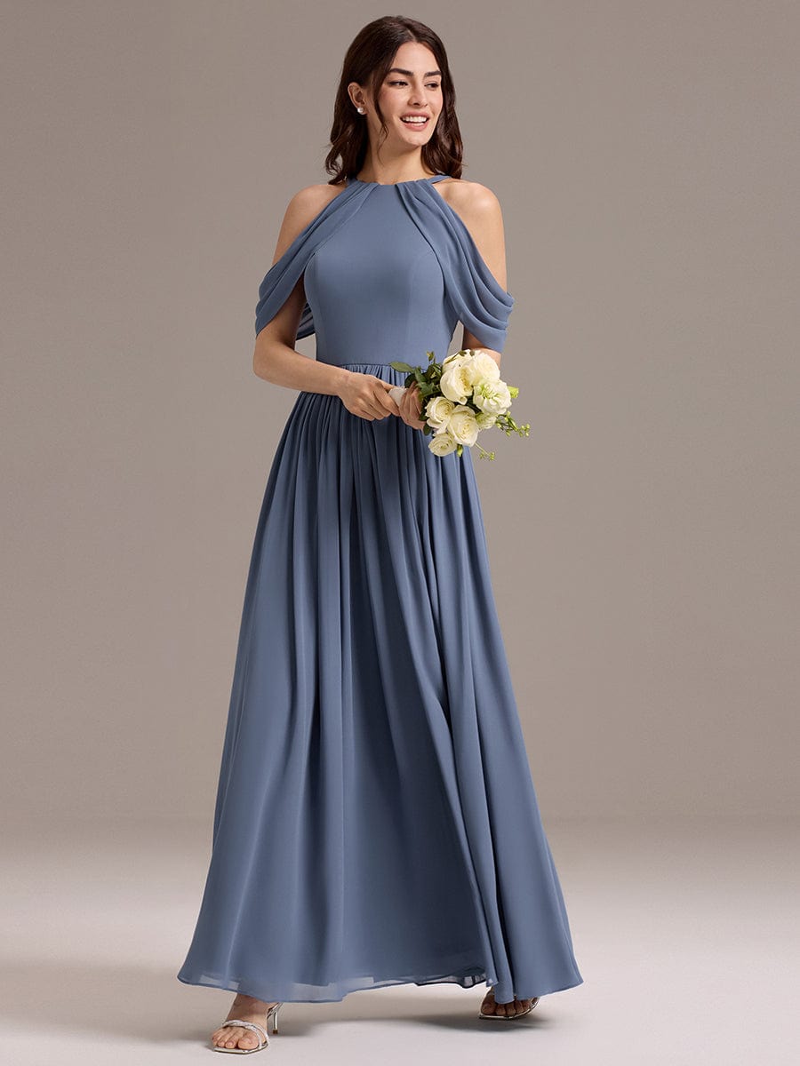 Elegant Chiffon Cold Shoulder A-Line Bridesmaid Dress with Draped Sleeves #color_Dusty Blue