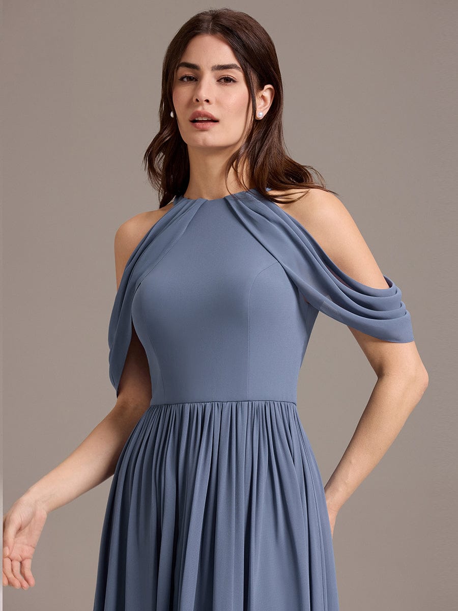 Elegant Chiffon Cold Shoulder A-Line Bridesmaid Dress with Draped Sleeves #color_Dusty Blue