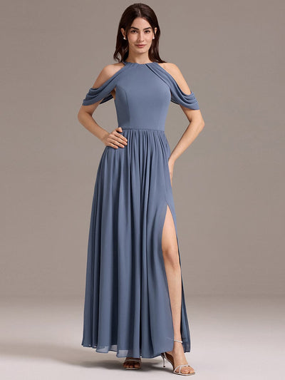 Elegant Chiffon Cold Shoulder A-Line Bridesmaid Dress with Draped Sleeves #color_Dusty Blue