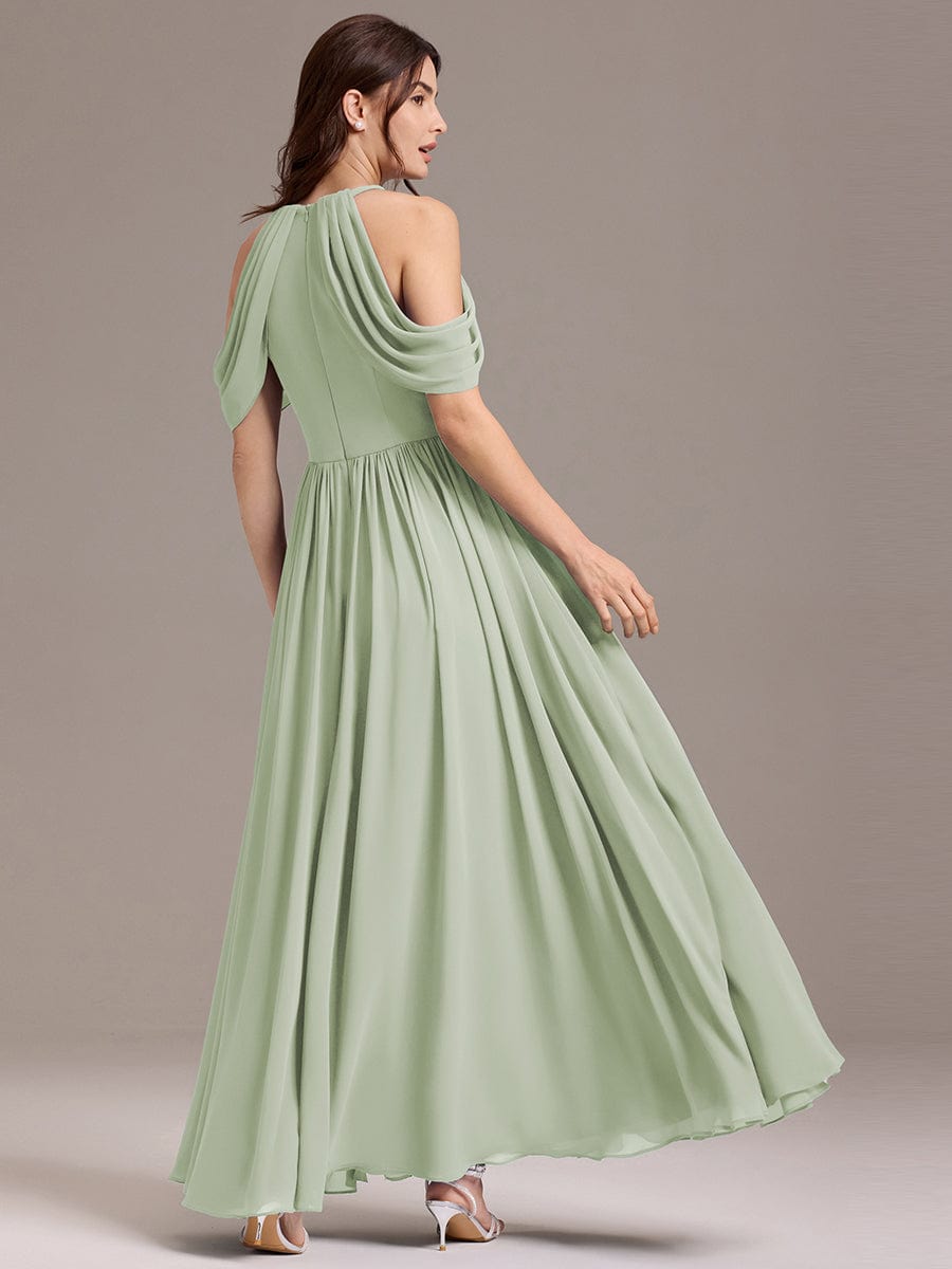 Elegant Chiffon Cold Shoulder A-Line Bridesmaid Dress with Draped Sleeves #color_Mint Green