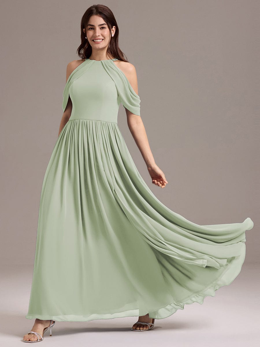 Elegant Chiffon Cold Shoulder A-Line Bridesmaid Dress with Draped Sleeves #color_Mint Green