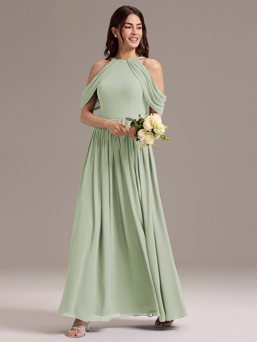 Elegant Chiffon Cold Shoulder A-Line Bridesmaid Dress with Draped Sleeves #color_Mint Green
