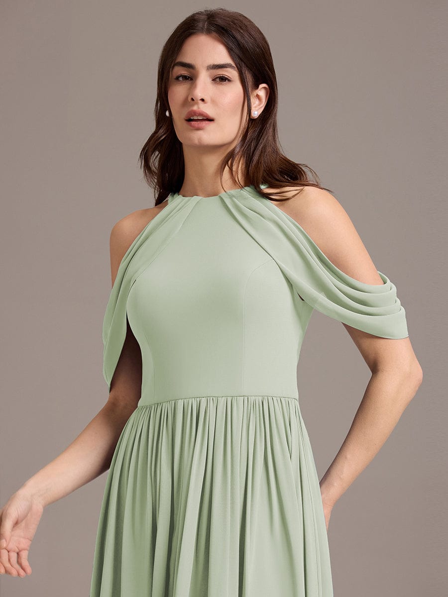 Elegant Chiffon Cold Shoulder A-Line Bridesmaid Dress with Draped Sleeves #color_Mint Green