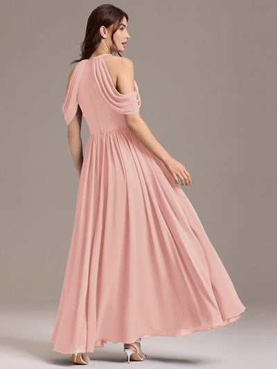 Elegant Chiffon Cold Shoulder A-Line Bridesmaid Dress with Draped Sleeves #color_Pink