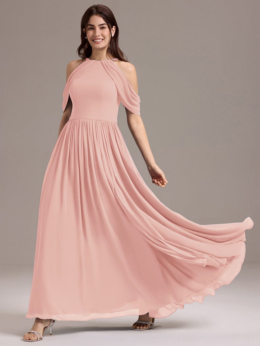 Elegant Chiffon Cold Shoulder A-Line Bridesmaid Dress with Draped Sleeves #color_Pink