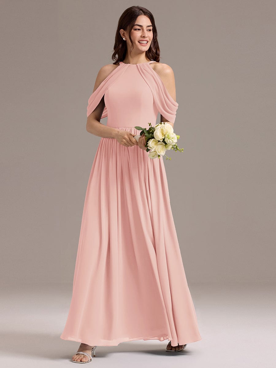 Elegant Chiffon Cold Shoulder A-Line Bridesmaid Dress with Draped Sleeves #color_Pink