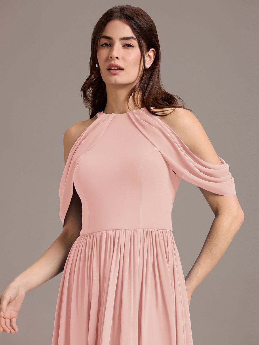 Elegant Chiffon Cold Shoulder A-Line Bridesmaid Dress with Draped Sleeves #color_Pink