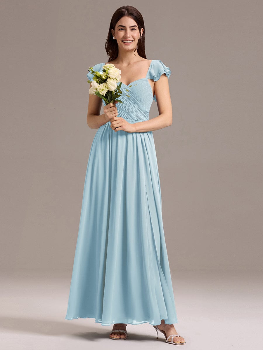 Chiffon A-Line Ruffles Cap Sleeve Bridesmaid Dress with Side Slit #color_Sky Blue