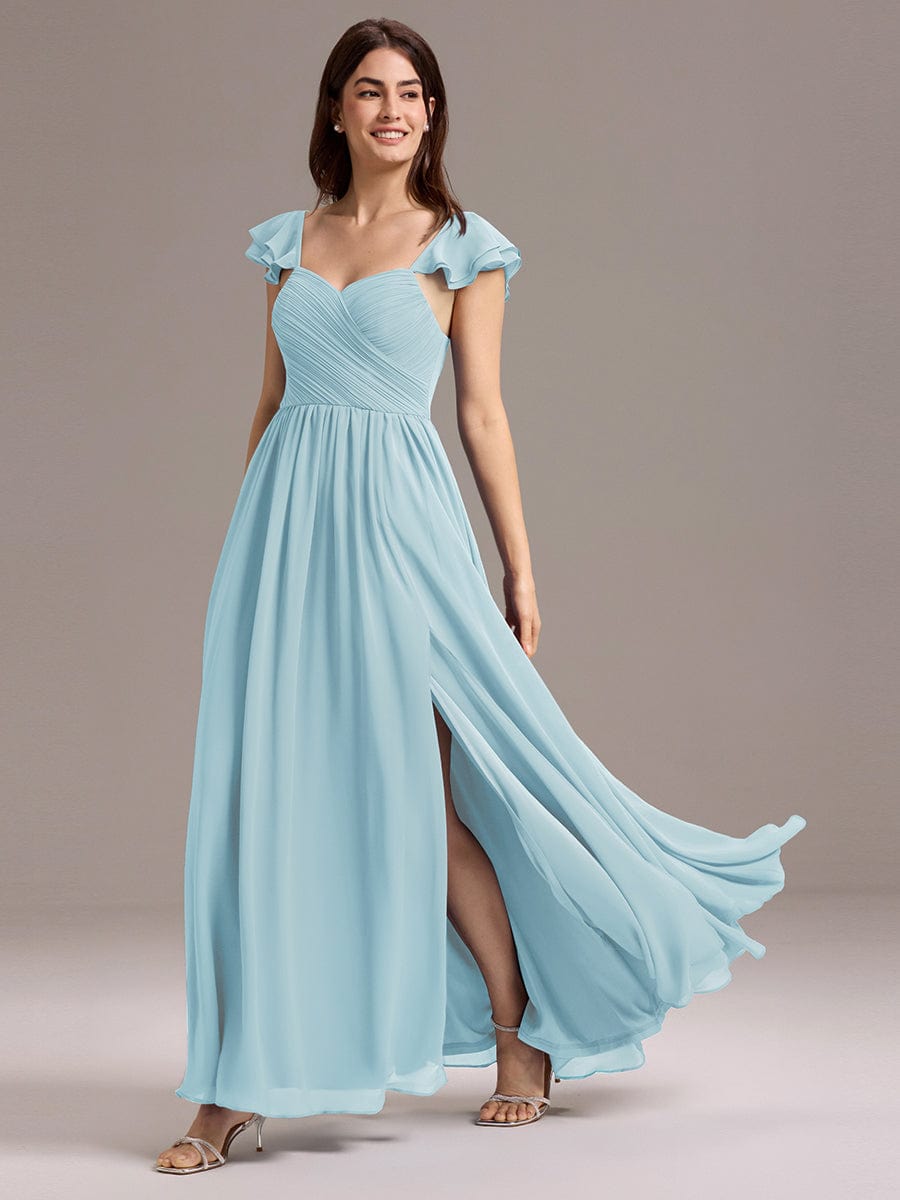 Chiffon A-Line Ruffles Cap Sleeve Bridesmaid Dress with Side Slit #color_Sky Blue
