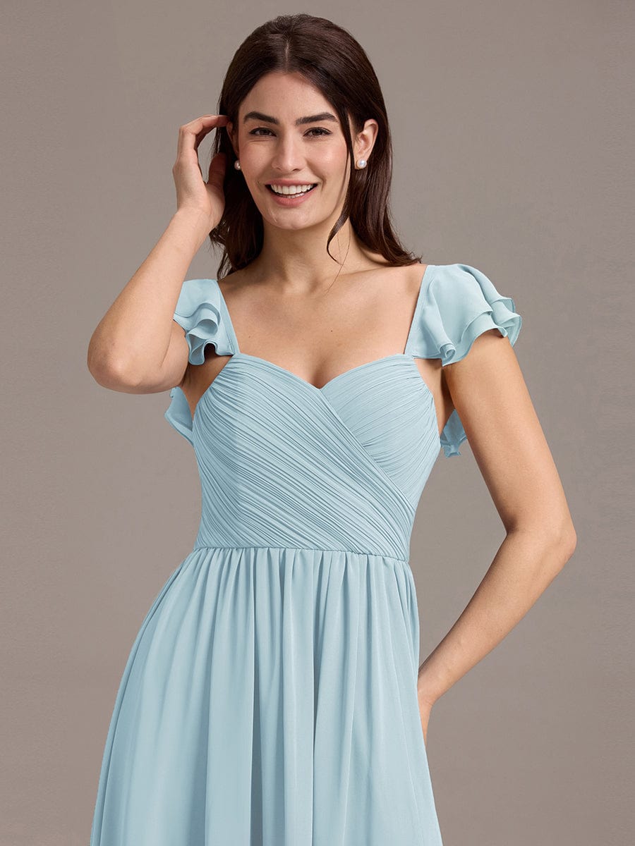 Chiffon A-Line Ruffles Cap Sleeve Bridesmaid Dress with Side Slit #color_Sky Blue
