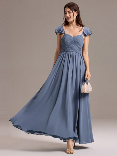 Chiffon A-Line Ruffles Cap Sleeve Bridesmaid Dress with Side Slit #color_Dusty Blue