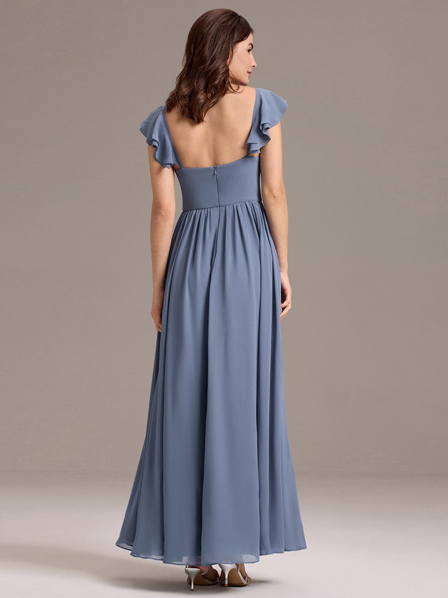 Chiffon A-Line Ruffles Cap Sleeve Bridesmaid Dress with Side Slit #color_Dusty Blue
