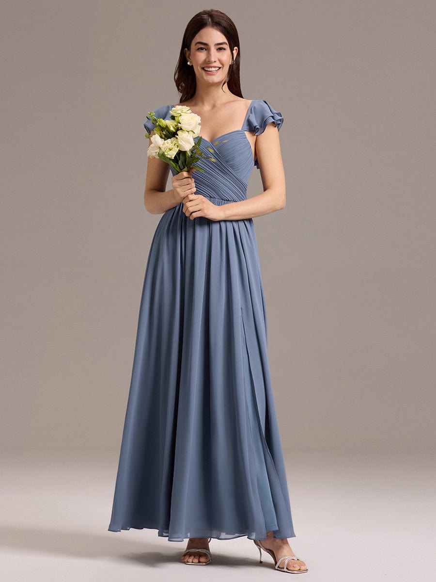 Chiffon A-Line Ruffles Cap Sleeve Bridesmaid Dress with Side Slit #color_Dusty Blue