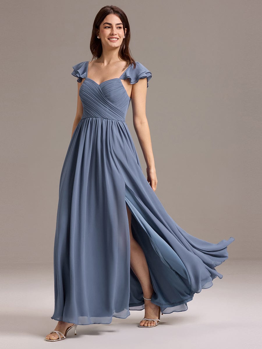 Chiffon A-Line Ruffles Cap Sleeve Bridesmaid Dress with Side Slit #color_Dusty Blue