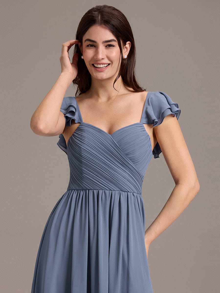 Chiffon A-Line Ruffles Cap Sleeve Bridesmaid Dress with Side Slit #color_Dusty Blue