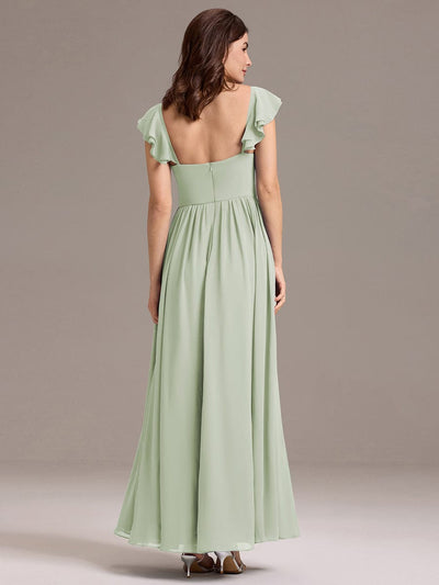 Chiffon A-Line Ruffles Cap Sleeve Bridesmaid Dress with Side Slit #color_Mint Green