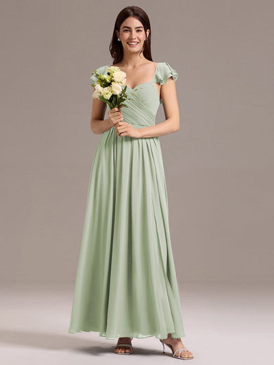 Chiffon A-Line Ruffles Cap Sleeve Bridesmaid Dress with Side Slit #color_Mint Green