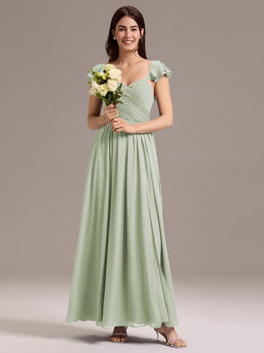 Chiffon A-Line Ruffles Cap Sleeve Bridesmaid Dress with Side Slit #color_Mint Green