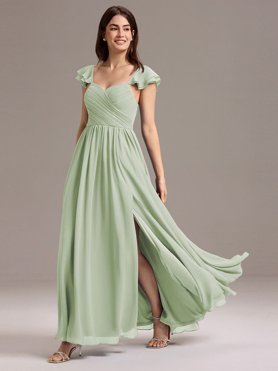 Chiffon A-Line Ruffles Cap Sleeve Bridesmaid Dress with Side Slit #color_Mint Green