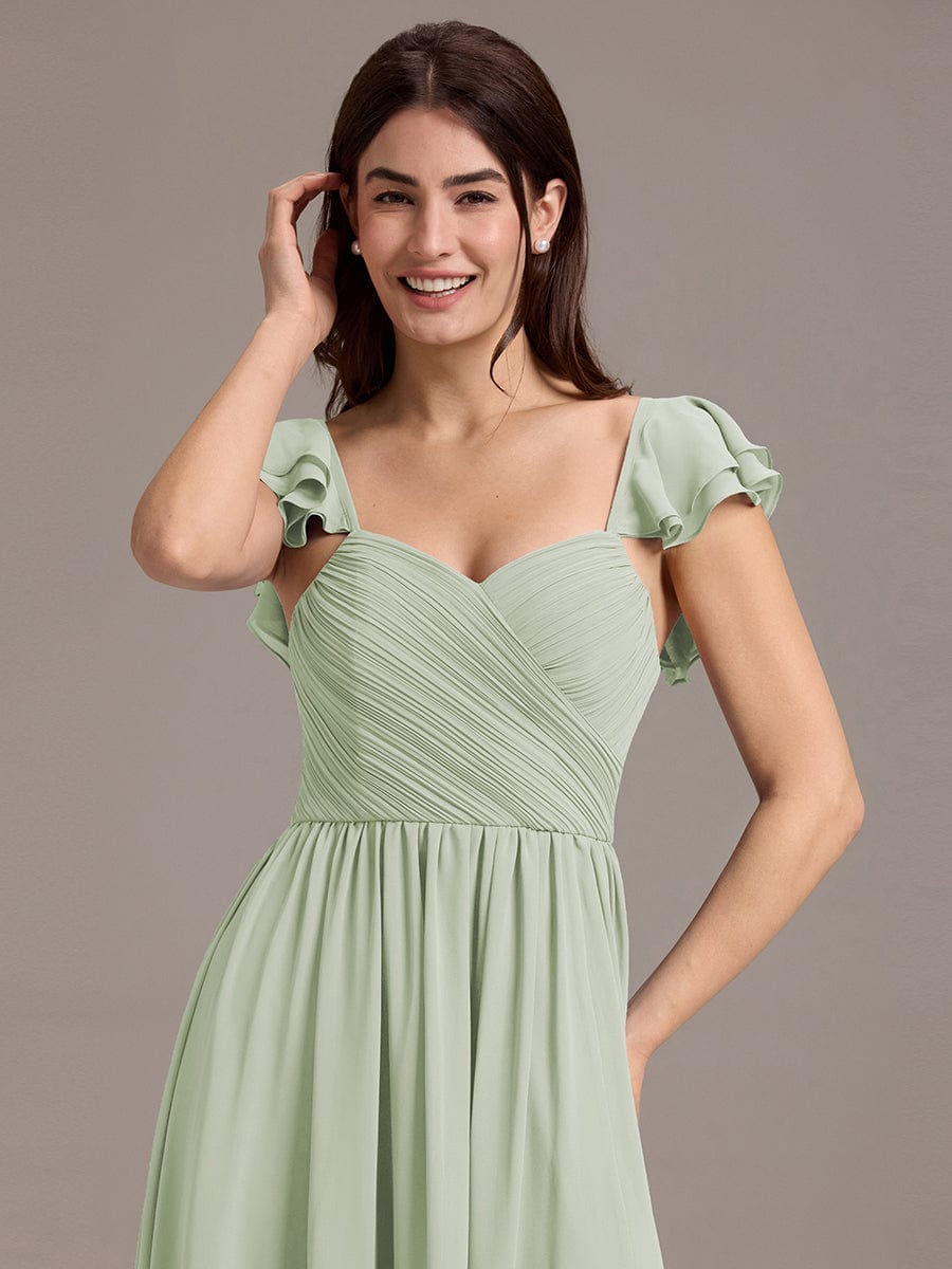 Chiffon A-Line Ruffles Cap Sleeve Bridesmaid Dress with Side Slit #color_Mint Green