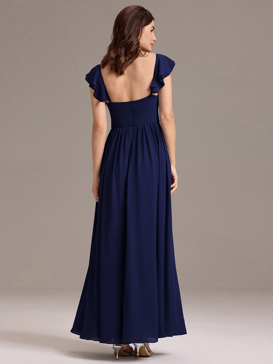 Chiffon A-Line Ruffles Cap Sleeve Bridesmaid Dress with Side Slit #color_Navy Blue
