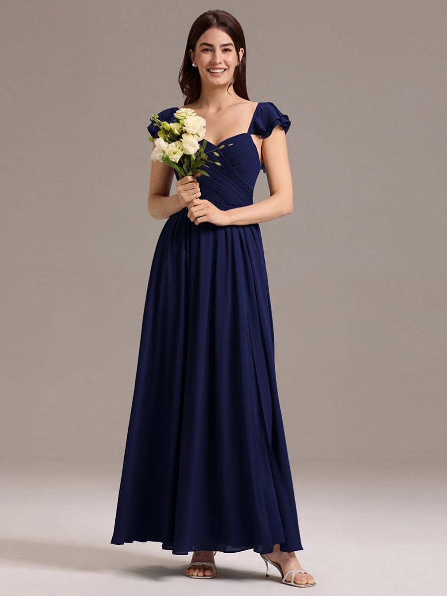 Chiffon A-Line Ruffles Cap Sleeve Bridesmaid Dress with Side Slit #color_Navy Blue