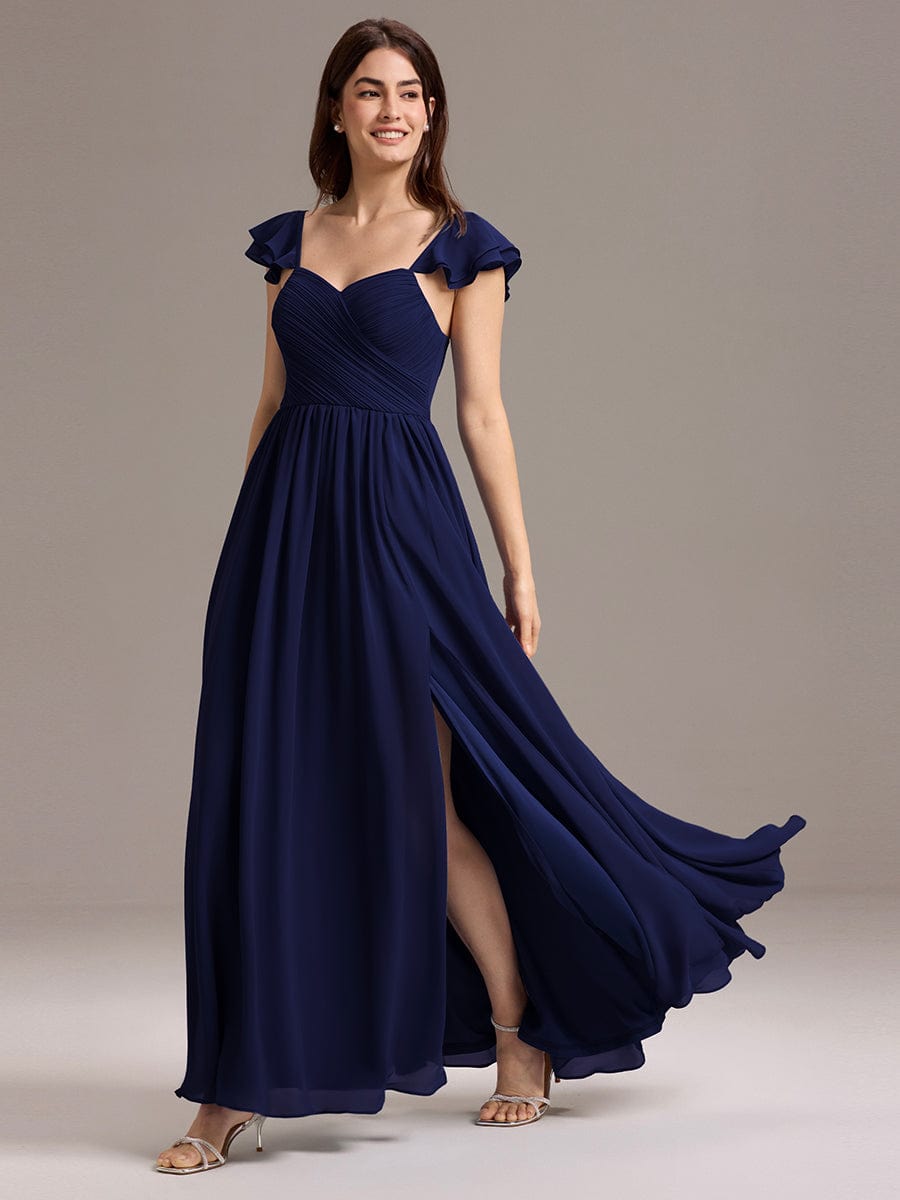 Chiffon A-Line Ruffles Cap Sleeve Bridesmaid Dress with Side Slit #color_Navy Blue