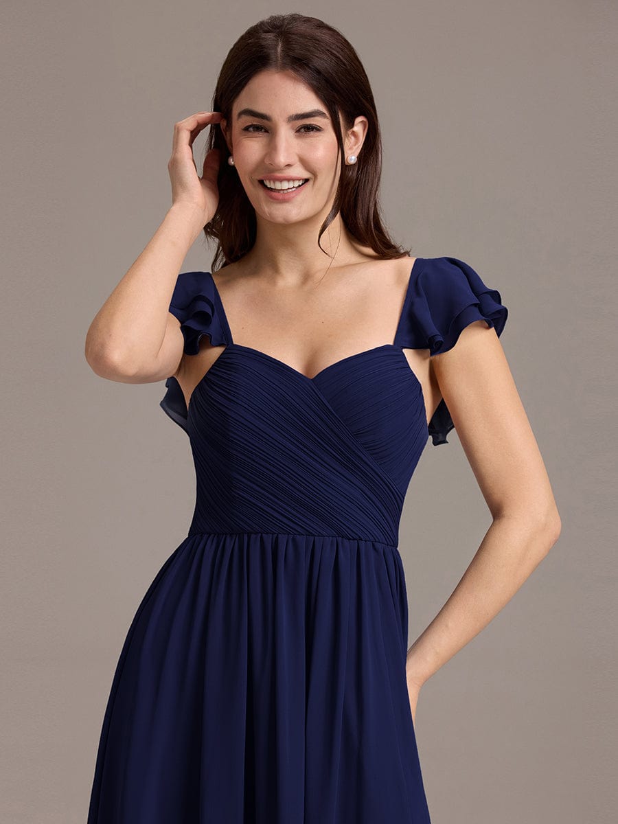 Chiffon A-Line Ruffles Cap Sleeve Bridesmaid Dress with Side Slit #color_Navy Blue