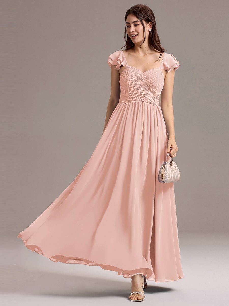 Chiffon A-Line Ruffles Cap Sleeve Bridesmaid Dress with Side Slit #color_Pink