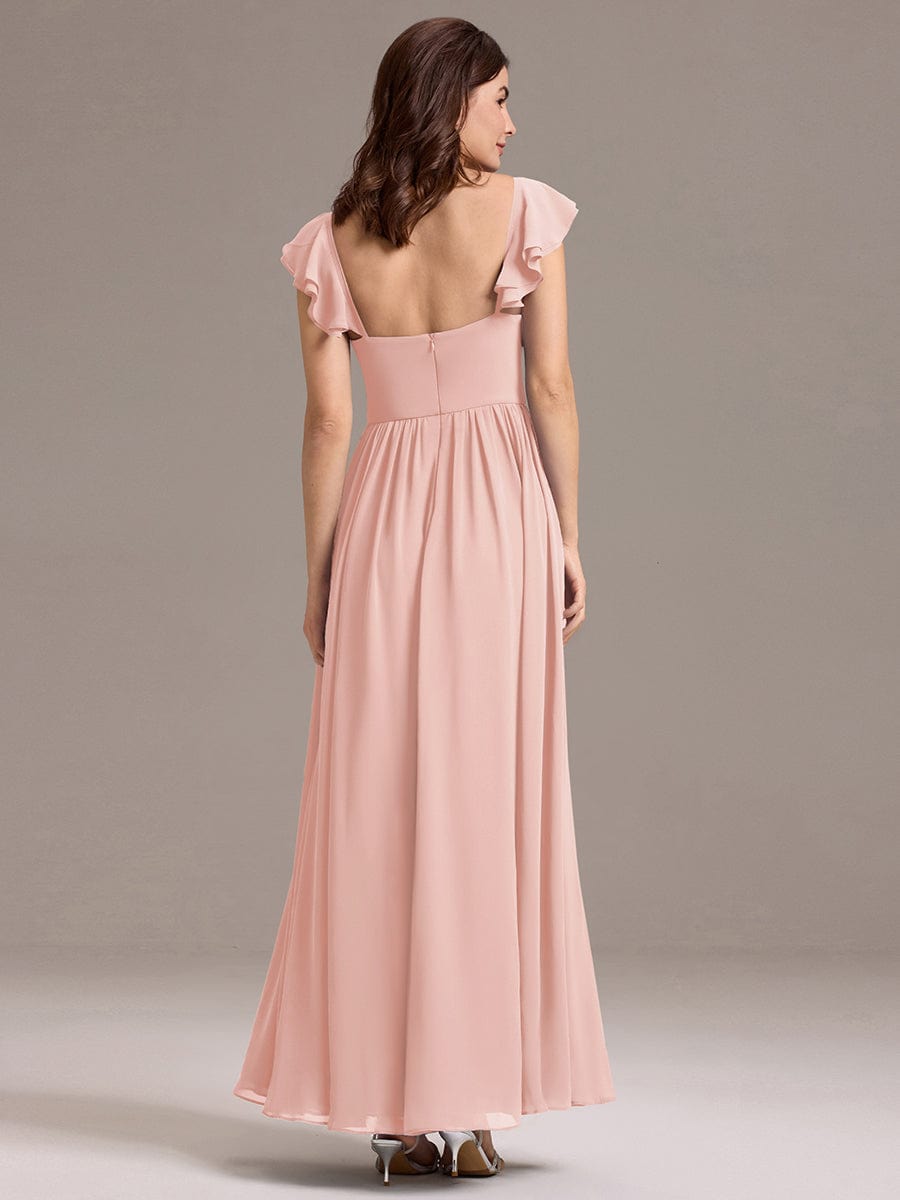 Chiffon A-Line Ruffles Cap Sleeve Bridesmaid Dress with Side Slit #color_Pink