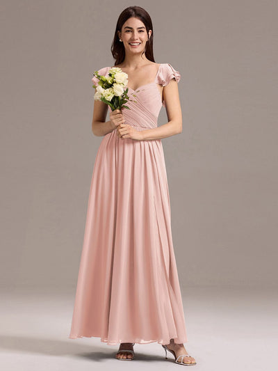 Chiffon A-Line Ruffles Cap Sleeve Bridesmaid Dress with Side Slit #color_Pink