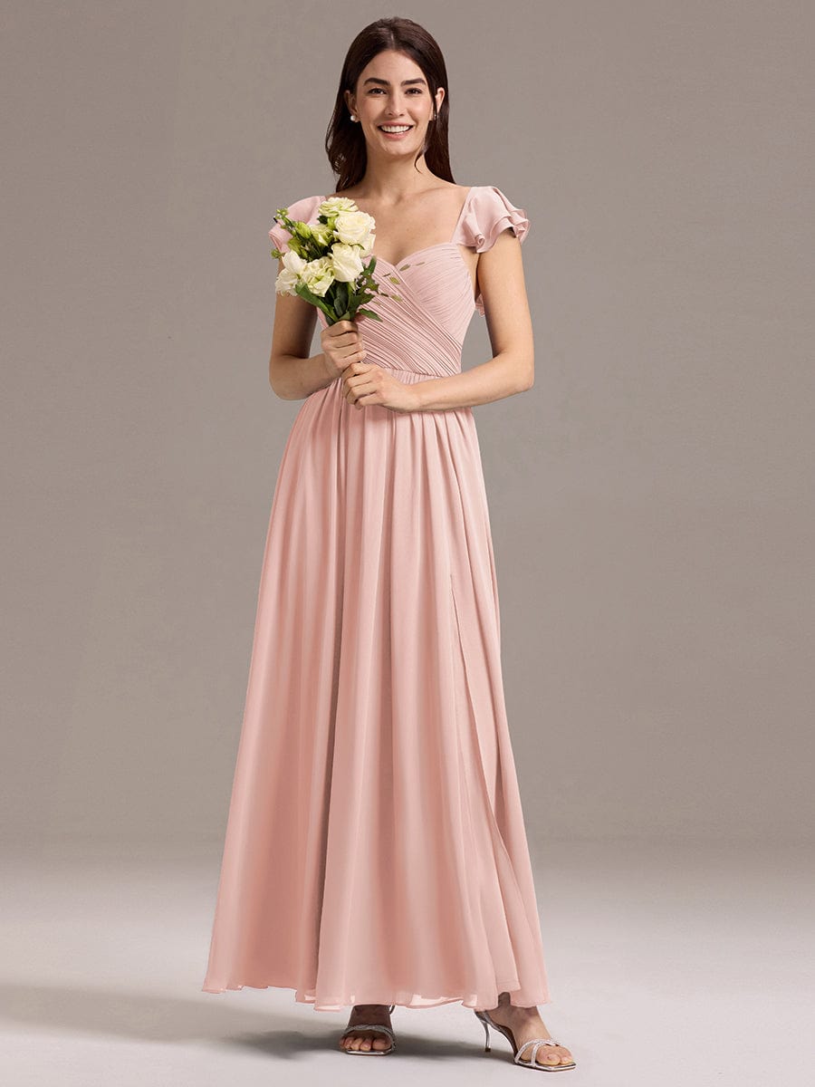 Chiffon A-Line Ruffles Cap Sleeve Bridesmaid Dress with Side Slit #color_Pink