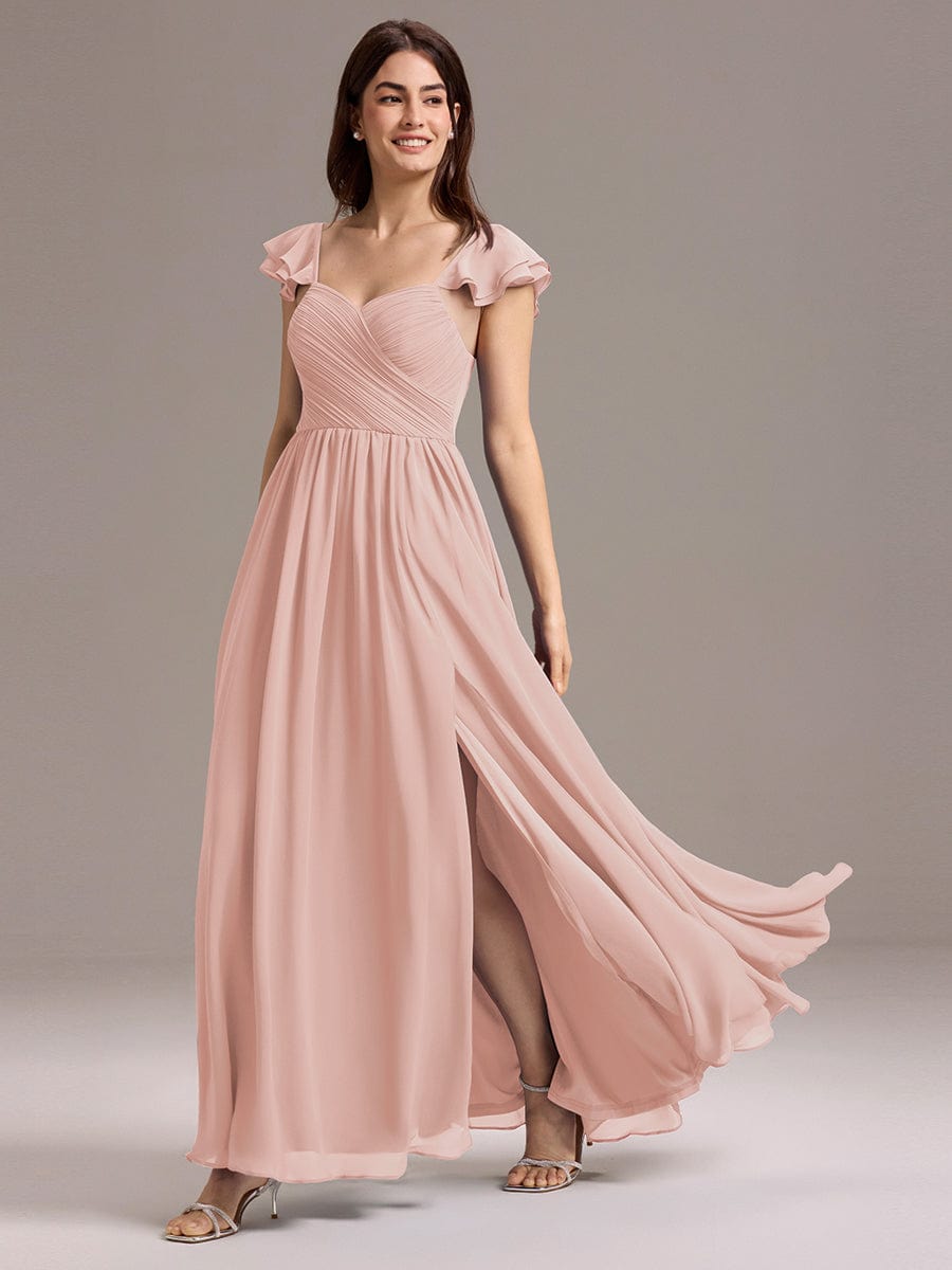 Chiffon A-Line Ruffles Cap Sleeve Bridesmaid Dress with Side Slit #color_Pink