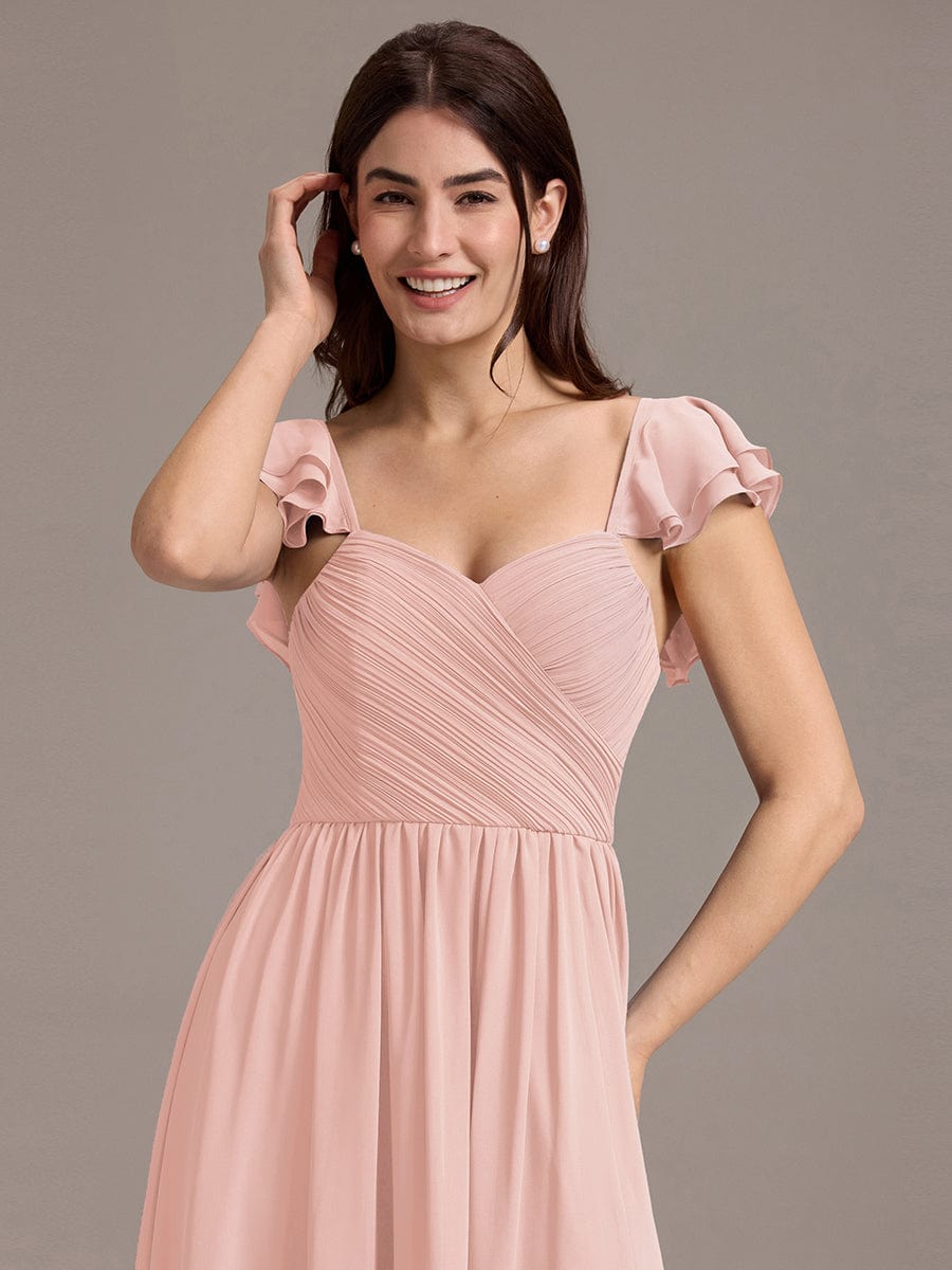 Chiffon A-Line Ruffles Cap Sleeve Bridesmaid Dress with Side Slit #color_Pink