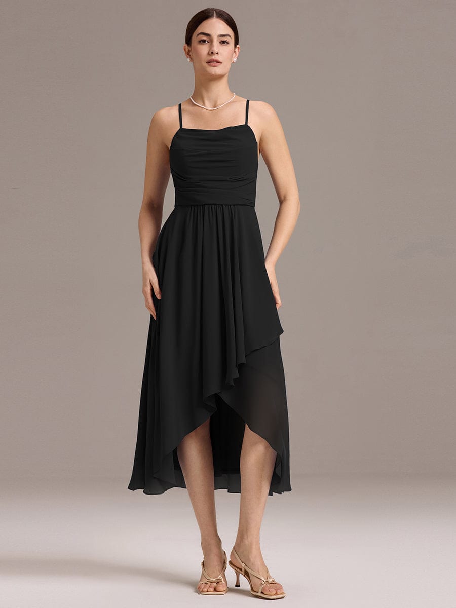 Asymmetrical Hem Strappy Chiffon A-Line Backless Bridesmaid Dress #color_Black