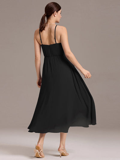 Asymmetrical Hem Strappy Chiffon A-Line Backless Bridesmaid Dress #color_Black